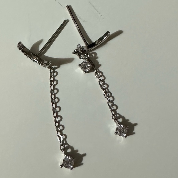 Asymmetric Crescent Moon Cubic Zironia Stud Earrings with Threader Chain Dangle - Picture 1 of 2